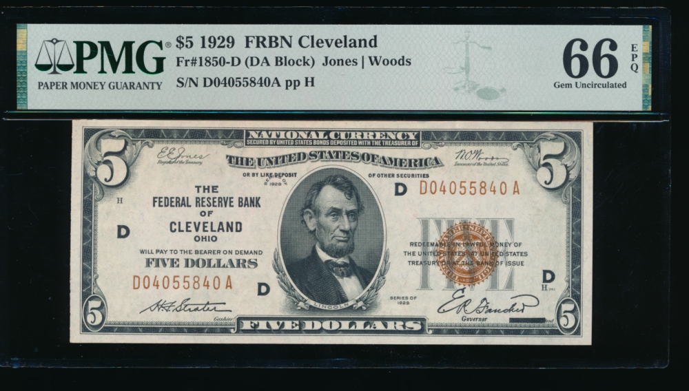 Fr. 1850-D 1929 $5  FRBN Cleveland PMG 66EPQ D04055840A