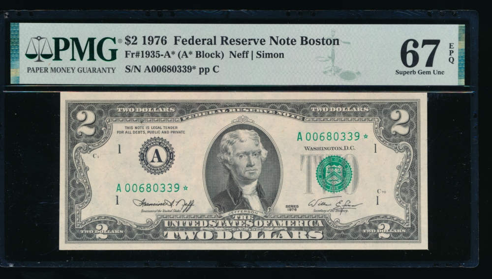 Fr. 1935-A 1976 $2  Federal Reserve Note Boston star PMG 67EPQ A00680339*