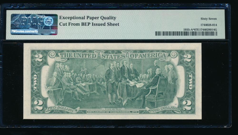 Fr. 1935-A 1976 $2  Federal Reserve Note Boston star PMG 67EPQ A00680339* reverse