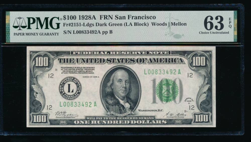 Fr. 2151-L 1928A $100  Federal Reserve Note San Francisco PMG 63EPQ L00833492A