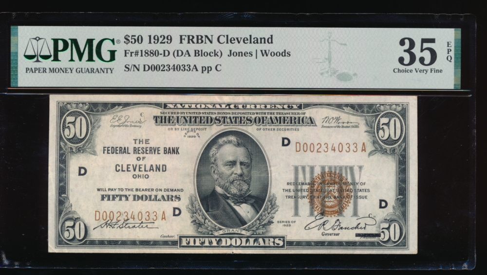 Fr. 1880-D 1929 $50  FRBN Cleveland PMG 35EPQ D00234033A