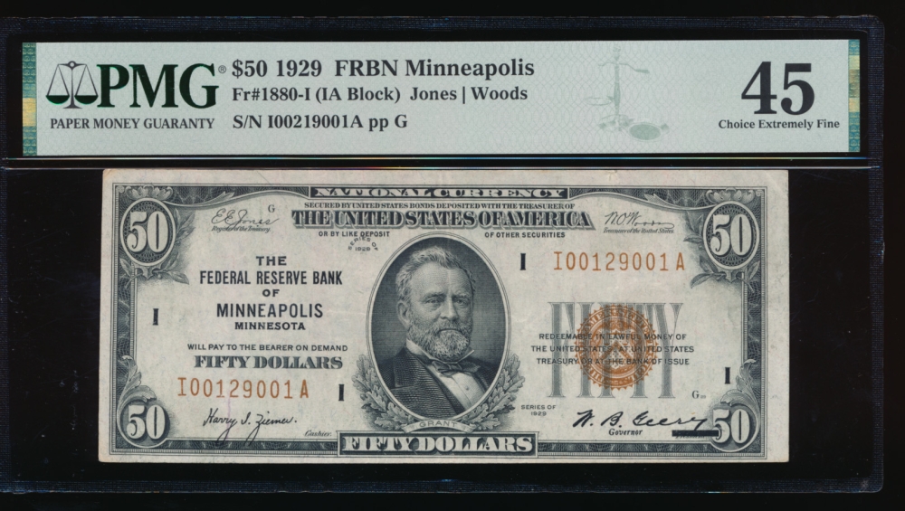 Fr. 1880-I 1929 $50  FRBN Minneapolis PMG 45 I00129001A