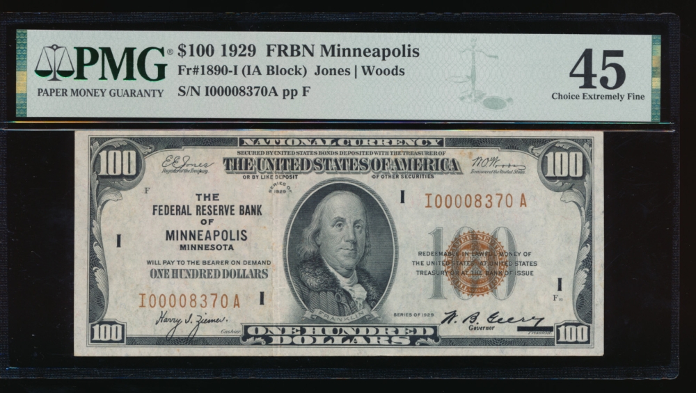 Fr. 1890-I 1929 $100  FRBN Minneapolis PMG 45 I00008370A