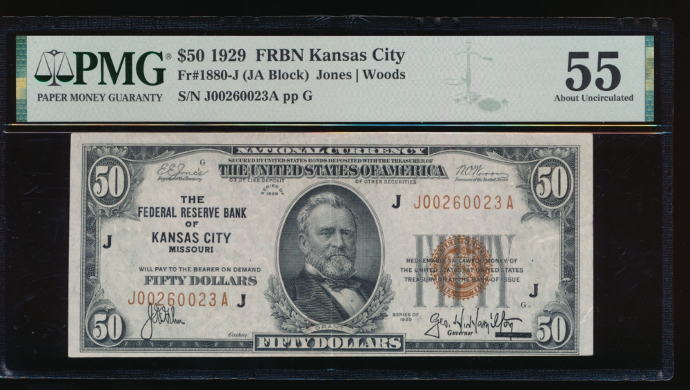 Fr. 1880-J 1929 $50  FRBN Kansas City PMG 55 J00260023A