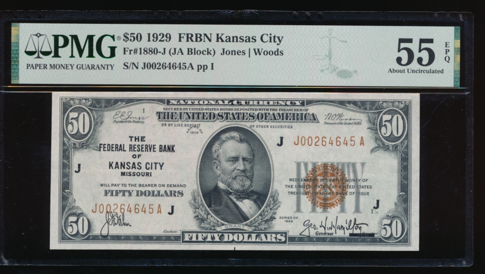 Fr. 1880-J 1929 $50  FRBN Kansas City PMG 55EPQ J00264645A