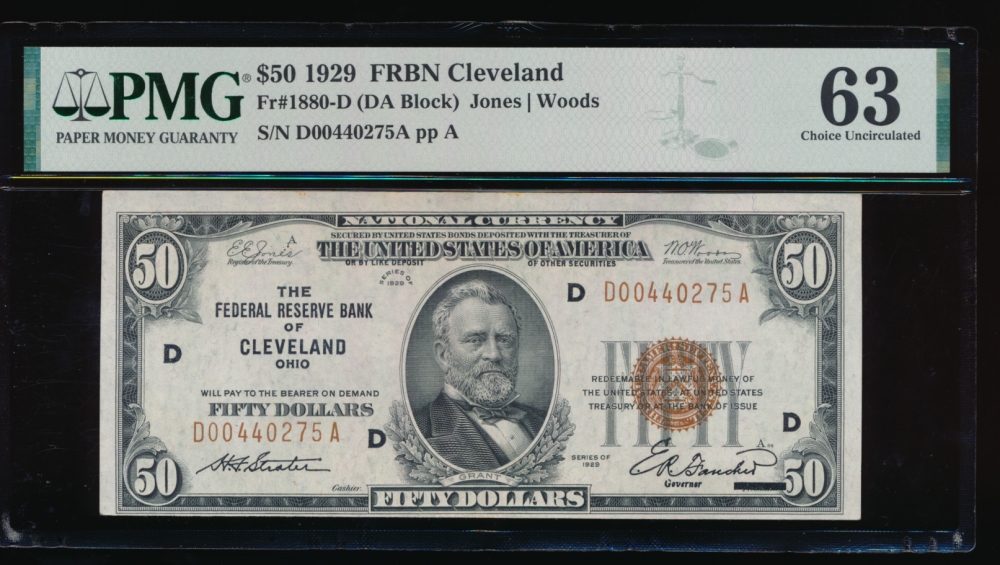 Fr. 1880-D 1929 $50  FRBN Cleveland PMG 63 D00440275A