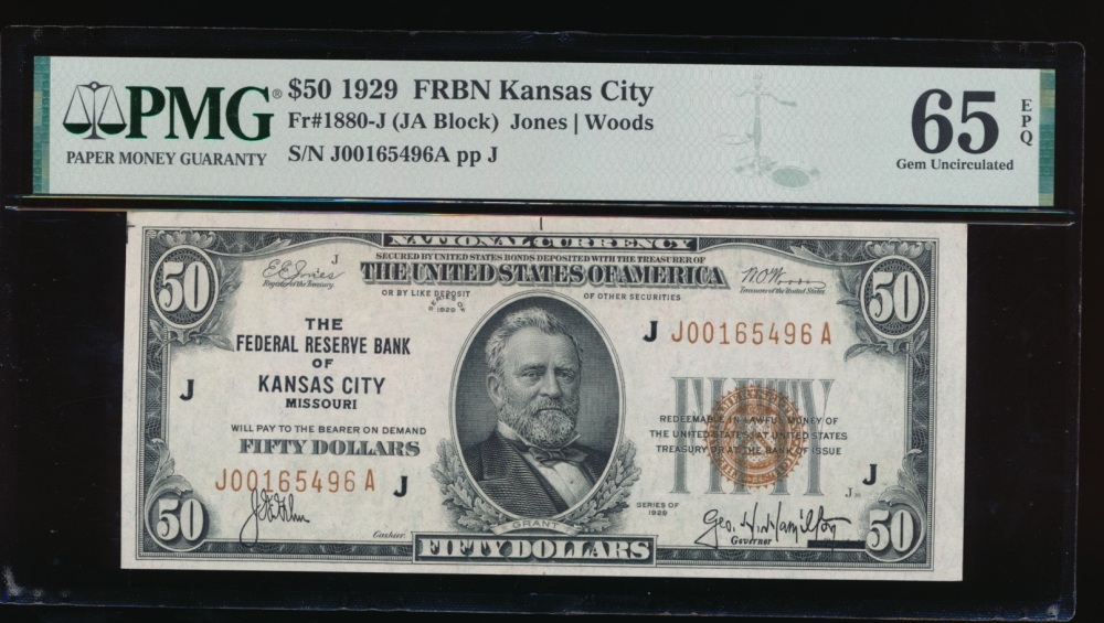 Fr. 1880-J 1929 $50  FRBN Kansas City PMG 65EPQ J00165496A