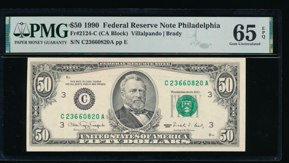 Fr. 2124-C 1990 $50  Federal Reserve Note Philadelphia PMG 65EPQ C23660820A