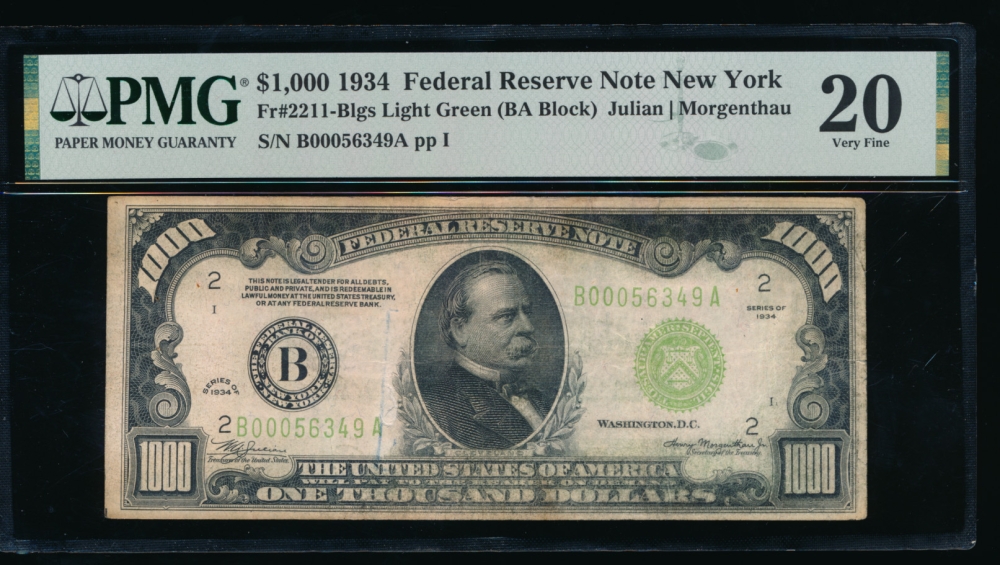 Fr. 2211-B 1934 $1,000  Federal Reserve Note New York LGS PMG 20 comment B00056349A