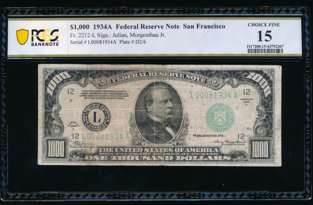 Fr. 2212-L 1934A $1,000  Federal Reserve Note San Francisco PCGS 15 comment L00081934A