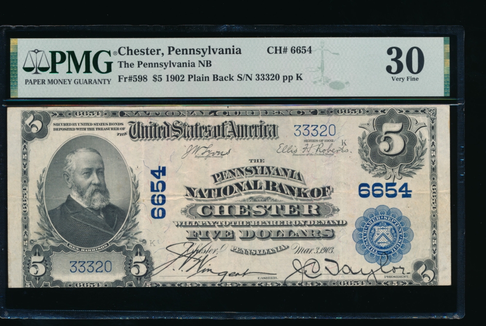 Fr. 598 1902 $5  National: Plain Back Ch #6654 The Pennsylvania National Bank of Chester, Pennsylvania PMG 30 comment 33320