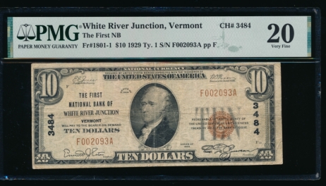 Fr. 1801-1 1929 $10  National: Type I Ch #3484 The First National Bank of White River Junction, Vermont PMG 20 F002093A