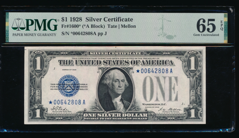 Fr. 1600 1928 $1  Silver Certificate *A block PMG 65EPQ *00642808A