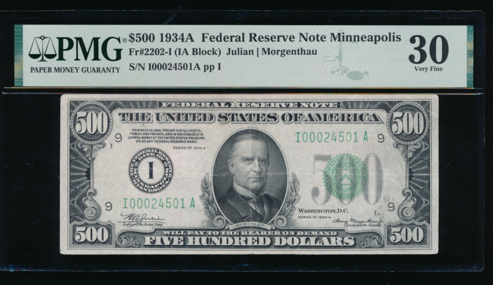 Fr. 2202-I 1934A $500  Federal Reserve Note Minneapolis PMG 30 comment I00024501A