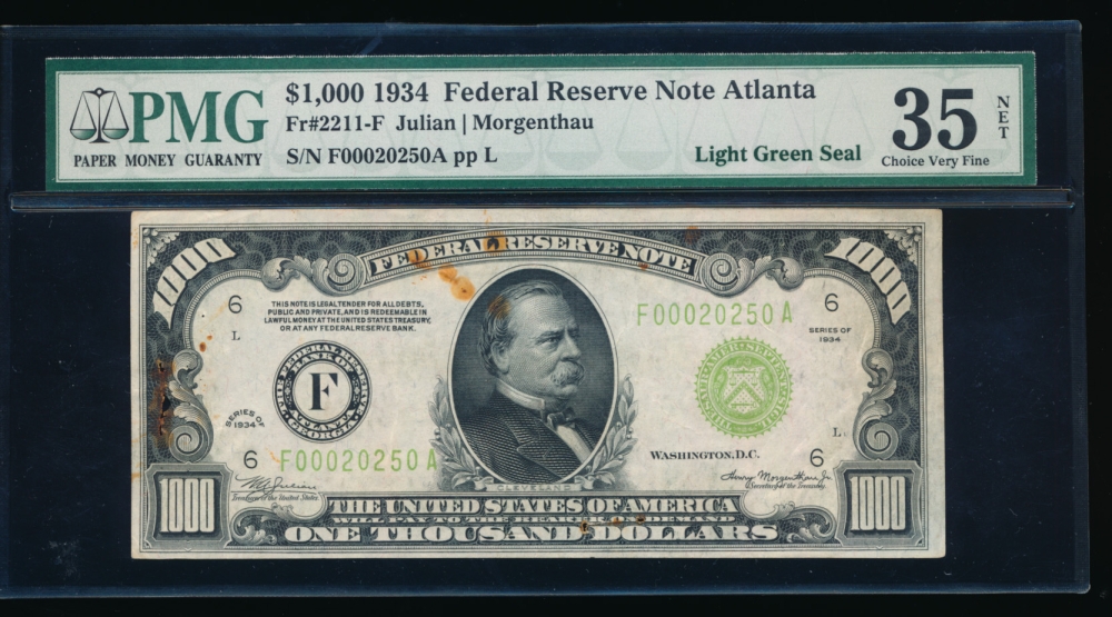 Fr. 2211-F 1934 $1,000  Federal Reserve Note Atlanta LGS PMG 35NET F00020250 obverse