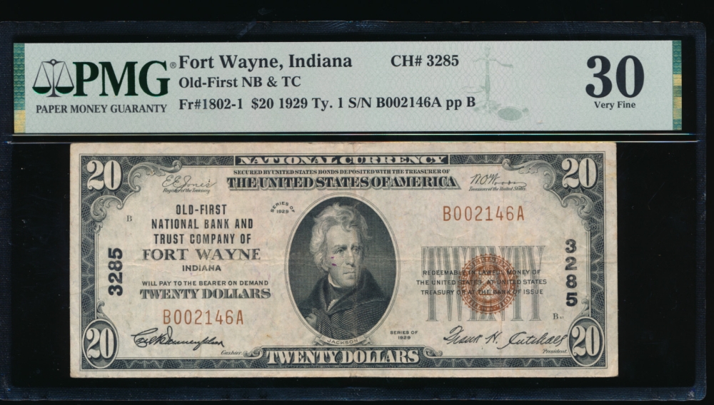 Fr. 1802-1 1929 $20  National: Type I Ch #3285 Old-First National Bank and Trust Company of Fort Wayne, Indiana PMG 30 B002146A