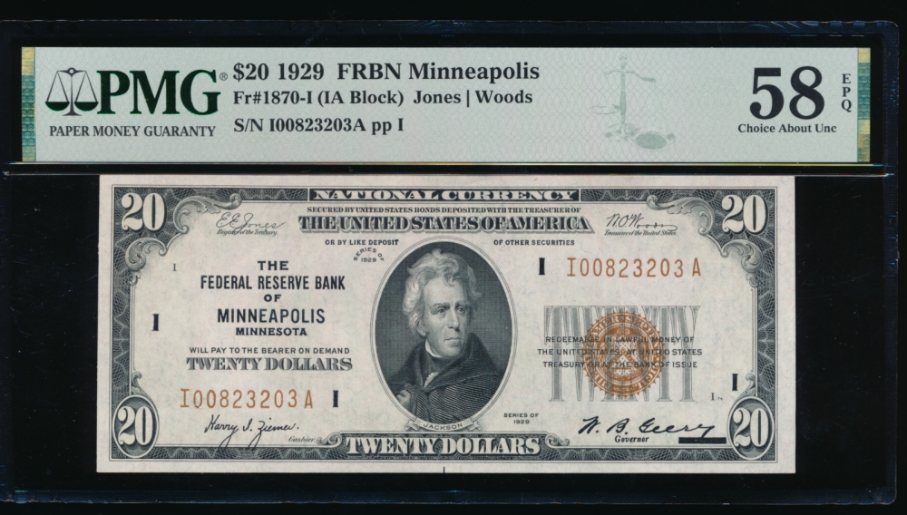 Fr. 1870-I 1929 $20  FRBN Minneapolis PMG 58EPQ I00823203A