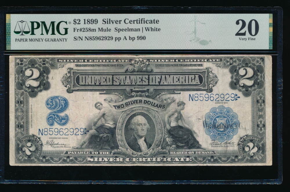 Fr. 258m 1899 $2  Silver Certificate mule PMG 20 N85962929