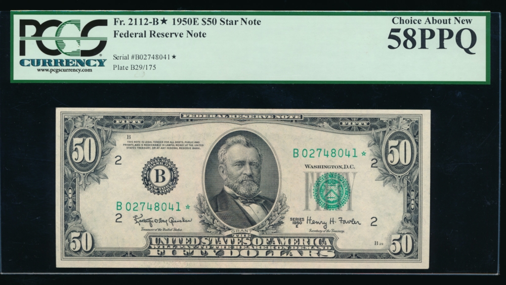 Fr. 2112-B 1950E $50  Federal Reserve Note New York star PCGS-C 58PPQ B02748041*