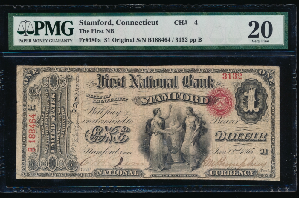 Fr. 380a 1865 $1  National: First Series Ch #4 The First National Bank of Stamford, Connecticut PMG 20 comment 188464 obverse
