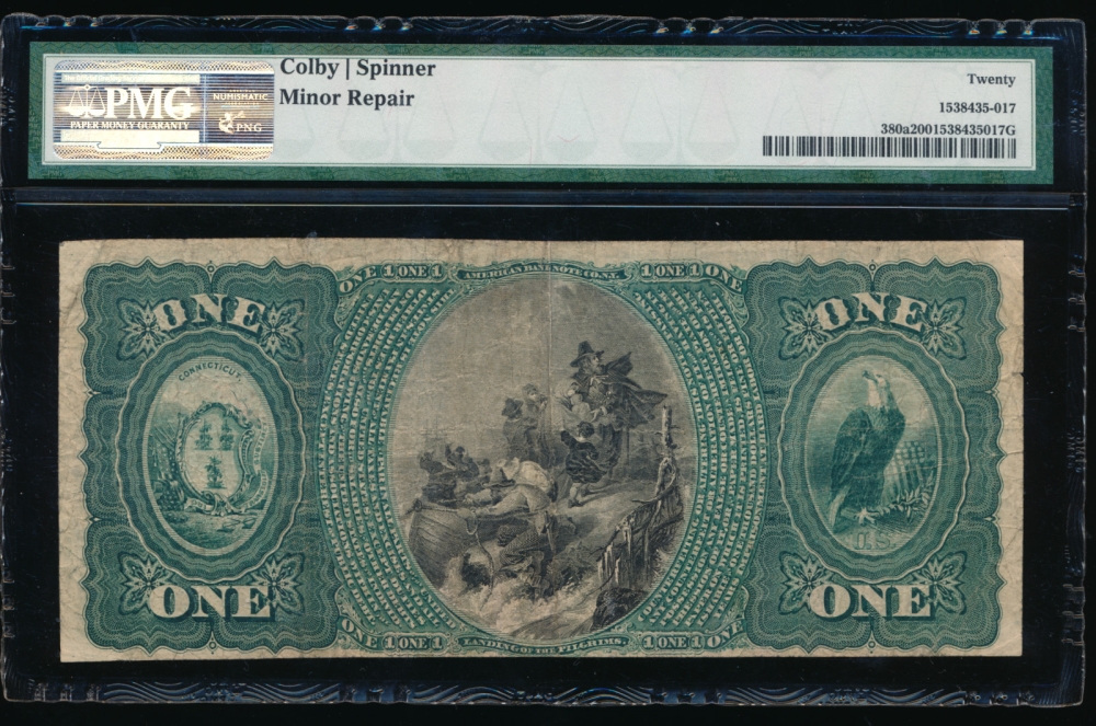 Fr. 380a 1865 $1  National: First Series Ch #4 The First National Bank of Stamford, Connecticut PMG 20 comment 188464 reverse
