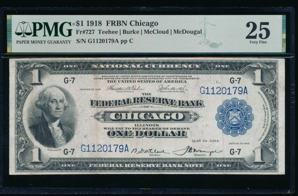 Fr. 727 1918 $1  FRBN Chicago PMG 25 G1120179A