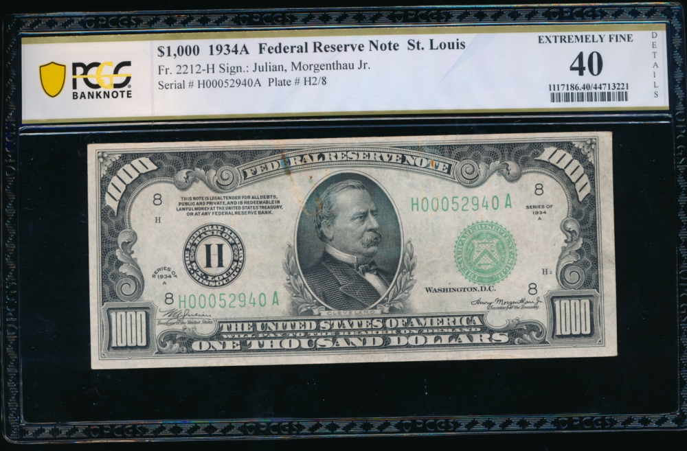 Fr. 2212-H 1934A $1,000  Federal Reserve Note Saint Louis PCGS 40 details H00052940A obverse
