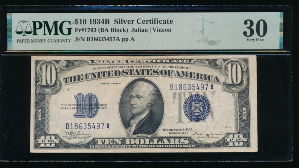Fr. 1703 1934B $10  Silver Certificate BA block PMG 30 B18635497A