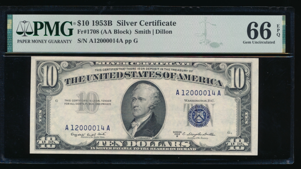 Fr. 1708 1953B $10  Silver Certificate AA block PMG 66EPQ A12000014A