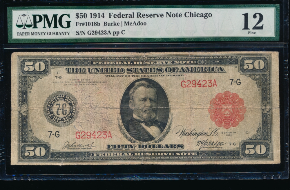 Fr. 1018b 1914 $50  Federal Reserve Note red seal Chicago PMG 12 G29423A