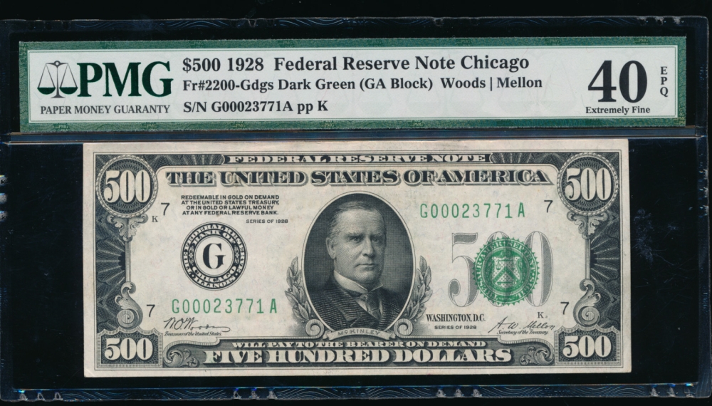 Fr. 2200-G 1928 $500  Federal Reserve Note Chicago PMG 40EPQ G00023771A