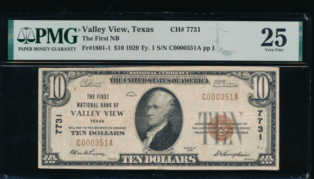 Fr. 1801-1 1929 $10  National: Type I Ch #7731 The First National Bank of Valley View, Texas PMG 25 C000351A