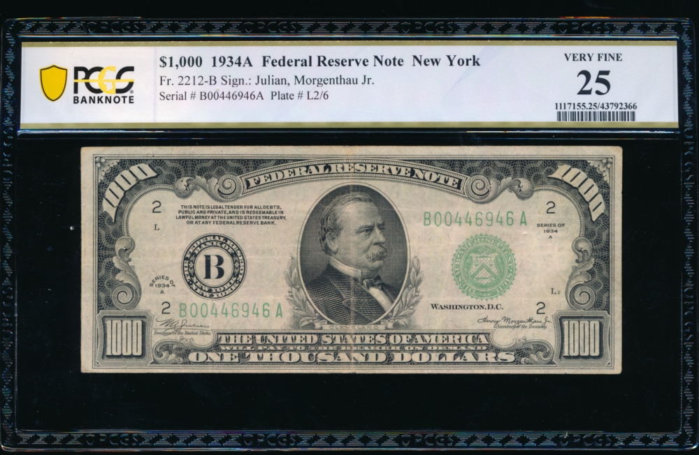 Fr. 2212-B 1934A $1,000  Federal Reserve Note New York PCGS 25 comment B00446946A obverse