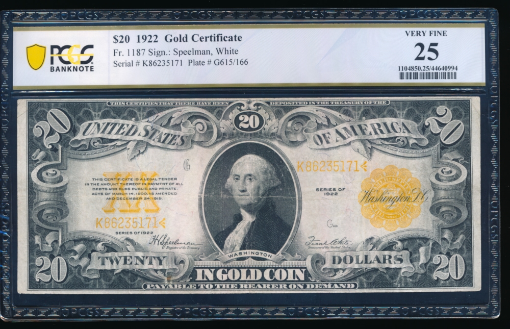 Fr. 1187 1922 $20  Gold Certificate  PCGS 25 K86235171