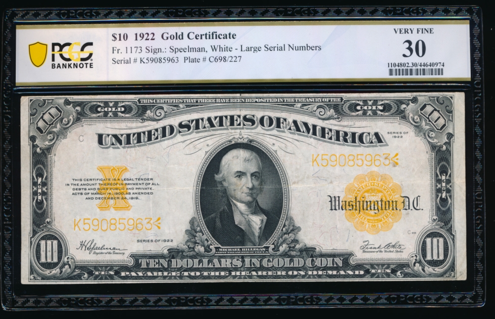 Fr. 1173 1922 $10  Gold Certificate  PCGS 30 K59085963