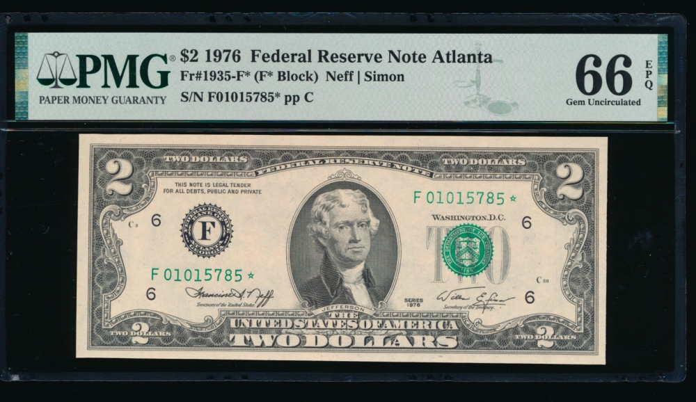 Fr. 1935-F 1976 $2  Federal Reserve Note Atlanta star PMG 66EPQ F01015785*