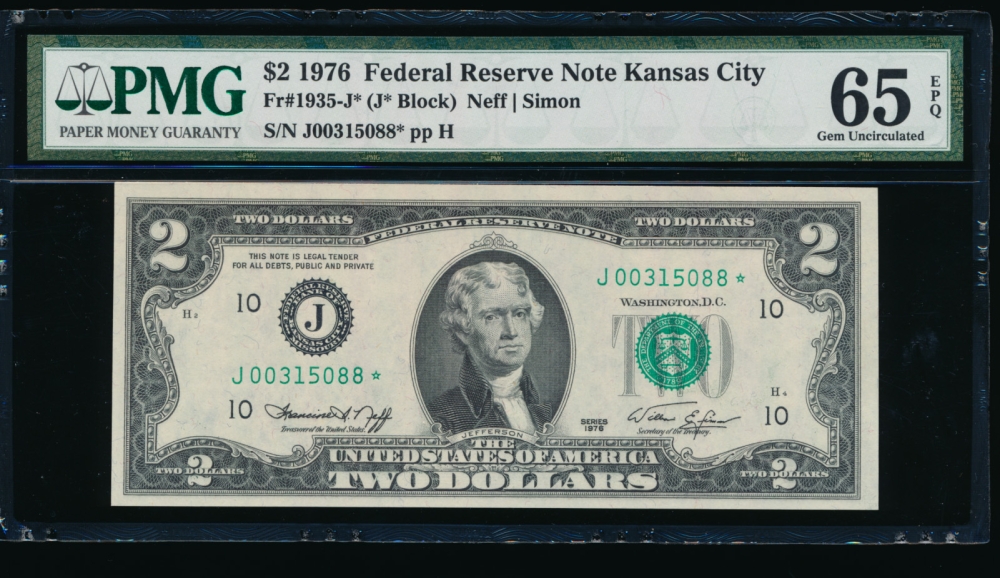 Fr. 1935-J 1976 $2  Federal Reserve Note Kansas City star PMG 65EPQ J00315088*