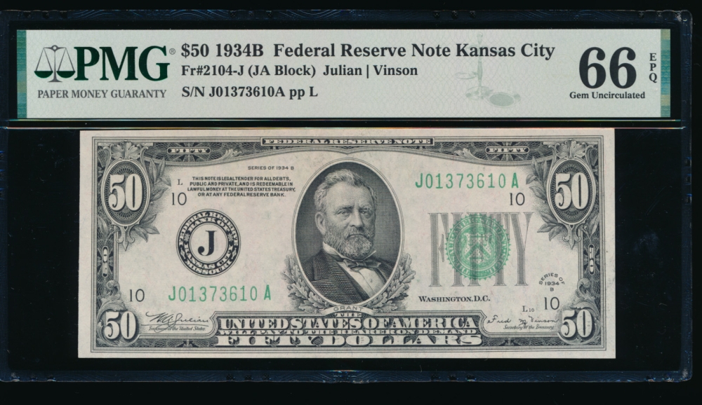 Fr. 2104-J 1934B $50  Federal Reserve Note Kansas City PMG 66EPQ J01373610A