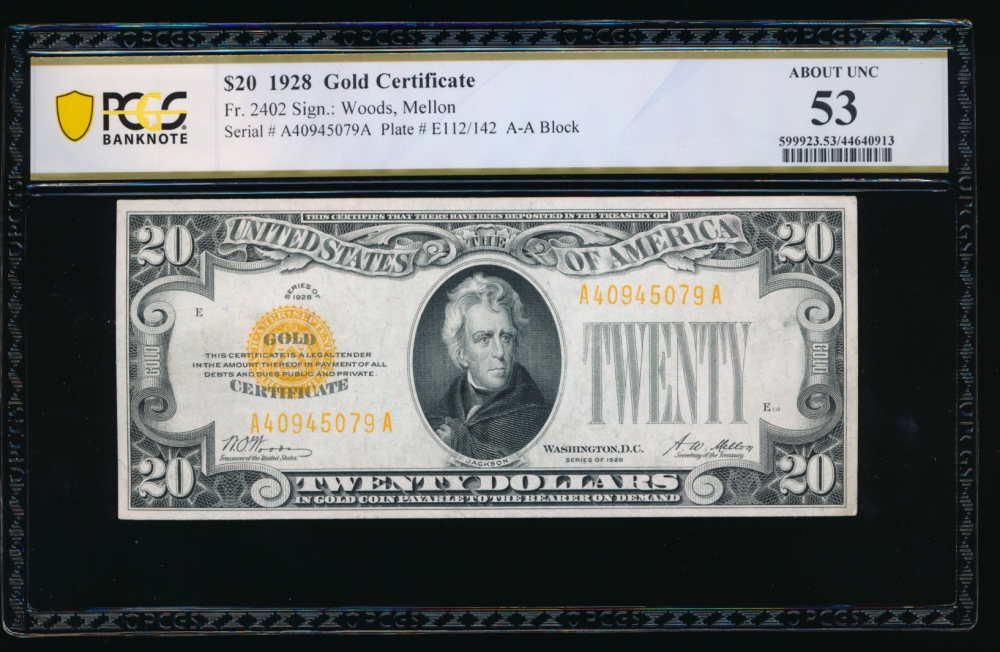 Fr. 2402 1928 $20  Gold Certificate  PCGS 53 A40945079A