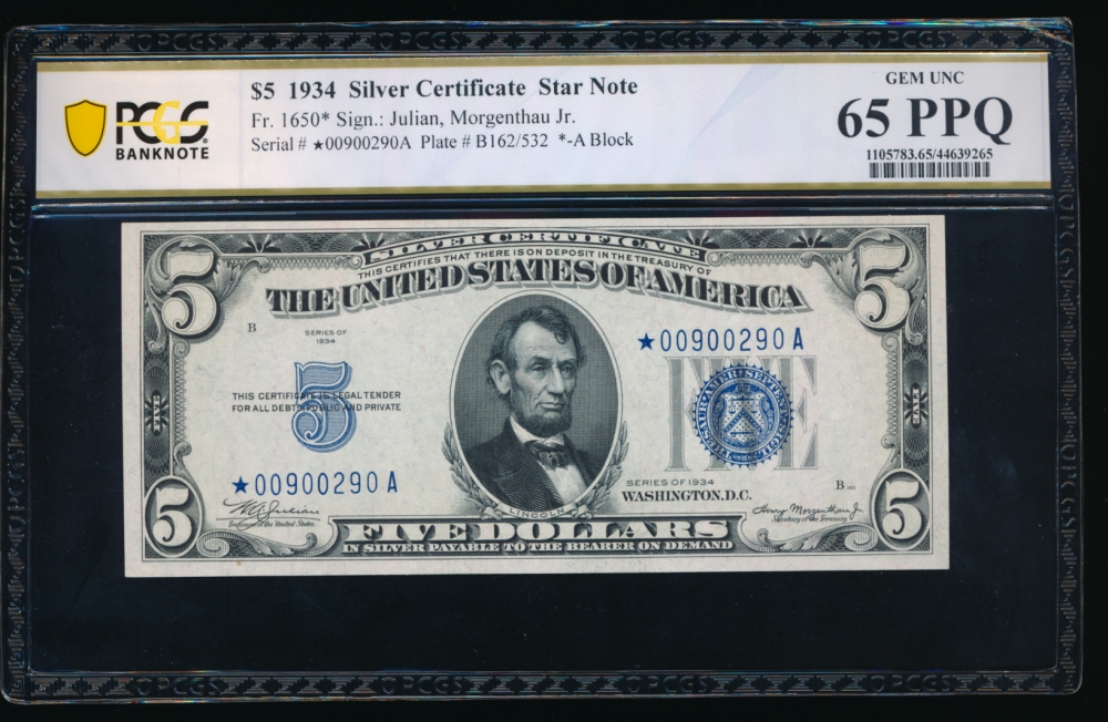 Fr. 1650 1934 $5  Silver Certificate *A block PCGS 65PPQ *00900290A