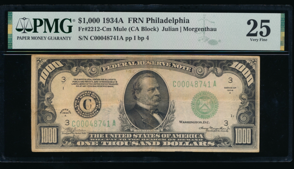 Fr. 2212-C 1934A $1,000  Federal Reserve Note Philadelphia PMG 25 comment C000487741A