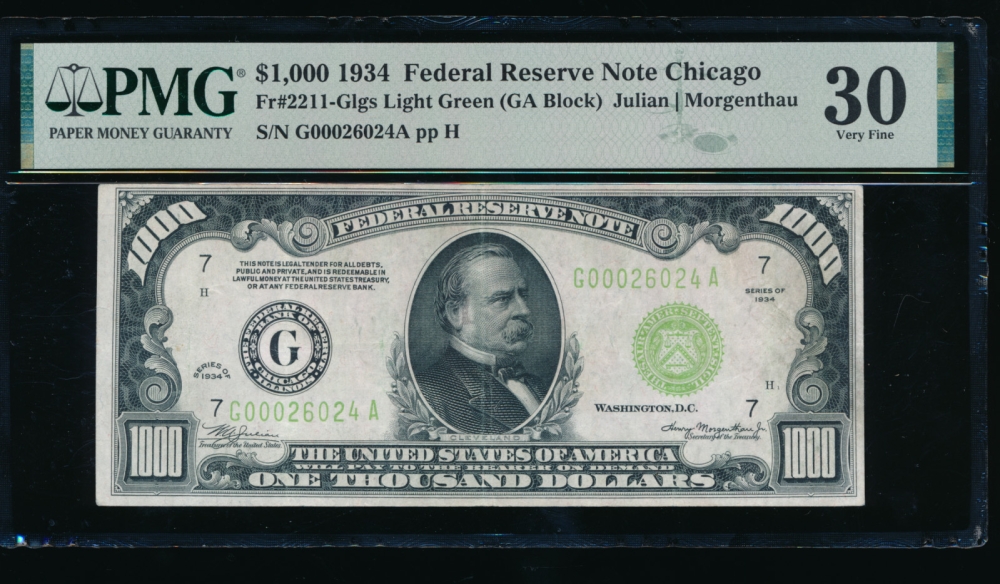 Fr. 2211-G 1934 $1,000  Federal Reserve Note Chicago LGS PMG 30 G00026024A obverse