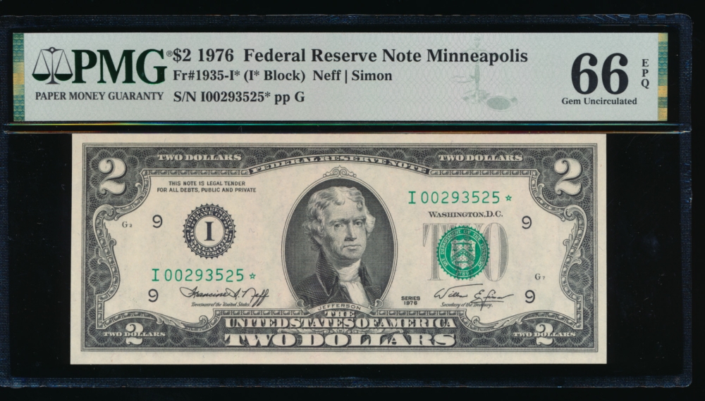 Fr. 1935-I 1976 $2  Federal Reserve Note Minneapolis star PMG 66EPQ I00293525*