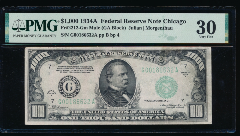 Fr. 2212-G 1934A $1,000  Federal Reserve Note Chicago PMG 30 G00186632A