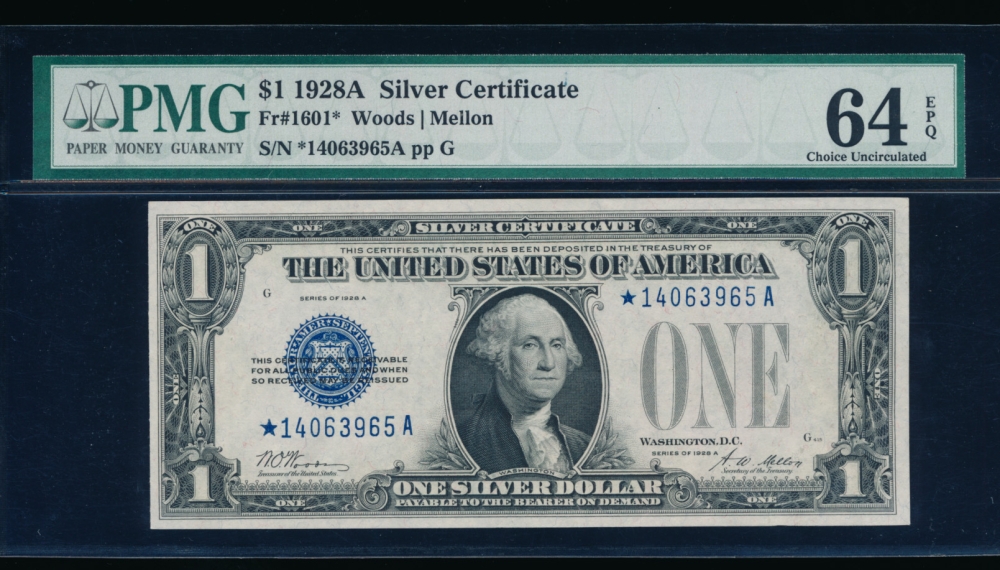 Fr. 1601 1928A $1  Silver Certificate *A block PMG 64EPQ *014063965A