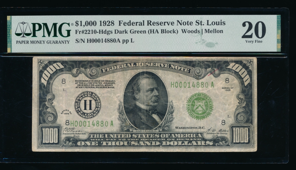 Fr. 2210-H 1928 $1,000  Federal Reserve Note Saint Louis PMG 20 comment H00014880A