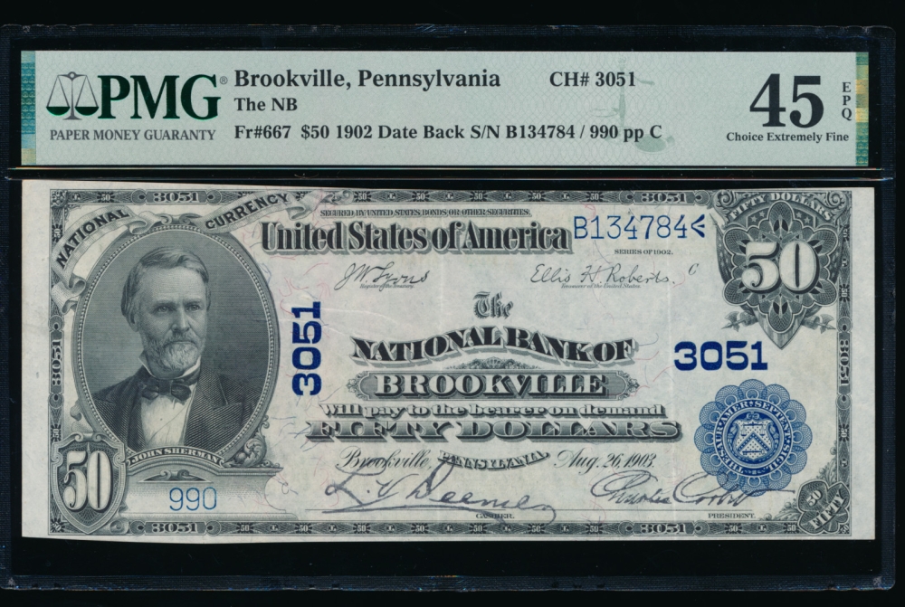 Fr. 667 1902 $50  National: Date Back Ch #3051 The National Bank of Brookville, Pennsylvania PMG 45EPQ 990
