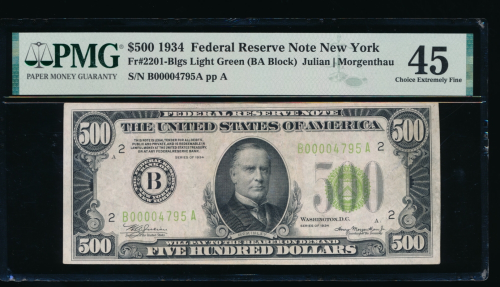 Fr. 2201-B 1934 $500  Federal Reserve Note New York LGS PMG 45 comment B00004795A