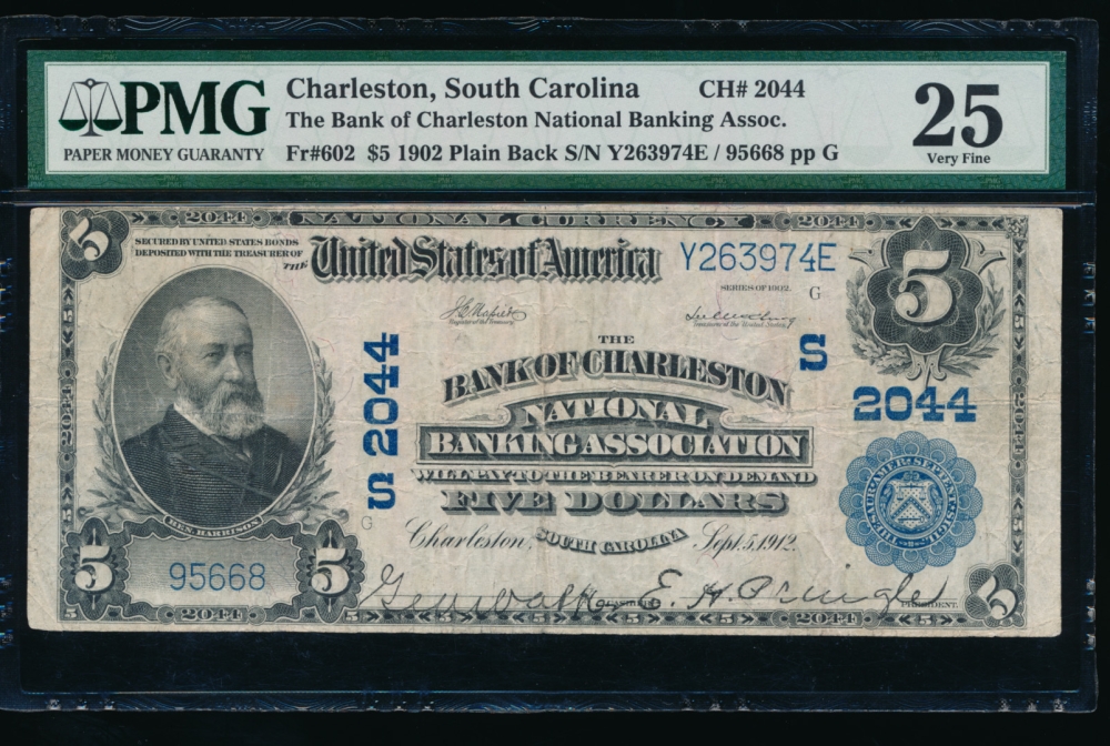 Fr. 602 1902 $5  National: Plain Back Ch #2044 The Bank of Charleston National Banking Association, Charleston, South Carolina PMG 25 95668