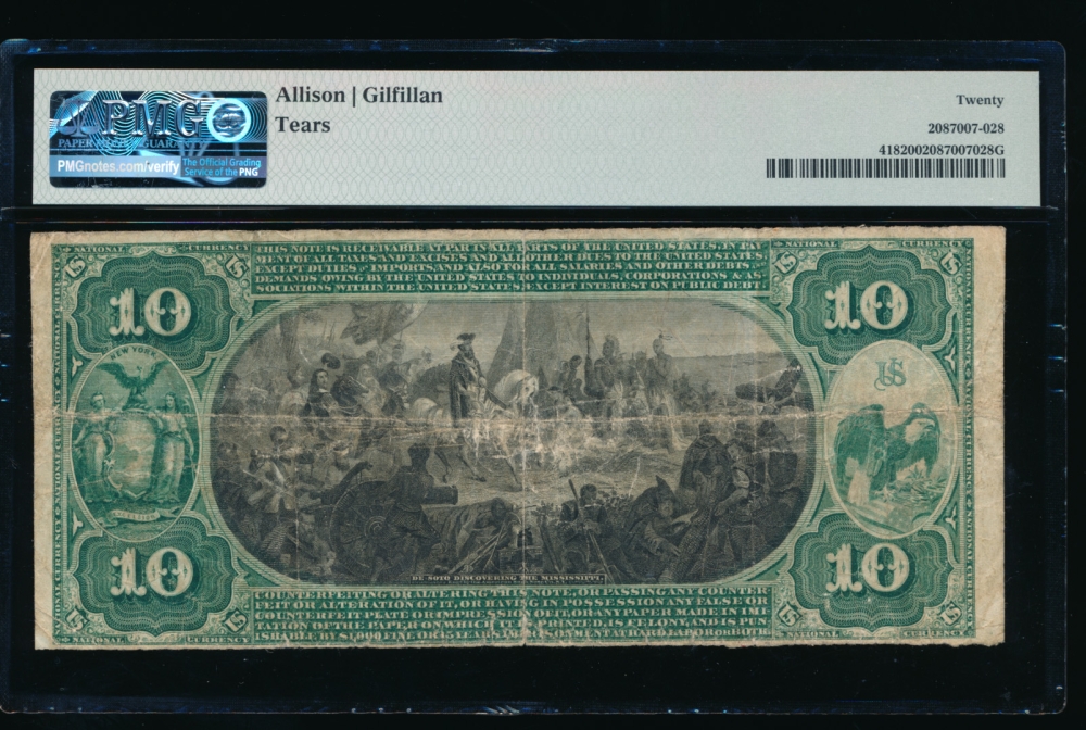 Fr. 418 1875 $10  National: Original Series Ch #2370 The Chase National Bank of the City of New York, New York PMG 20 comment 21902 reverse